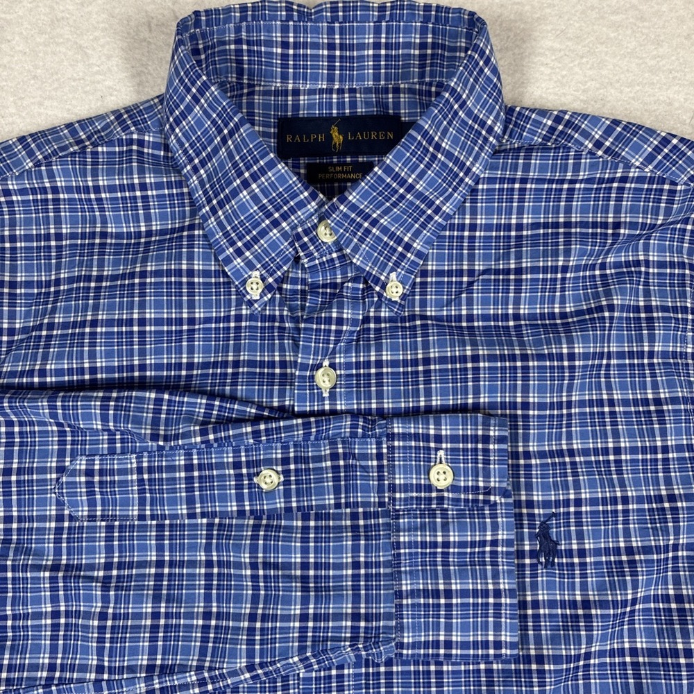 Polo Ralph Lauren Mens Slim Fit Performance Button Down Shirt Blue Plaid Medium